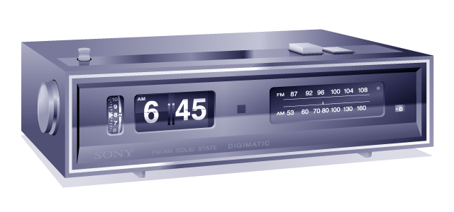 A Sony Digimatic 8FC-59W radio alarm clock with an early form of digital display. This particular model was manufactured in 1969