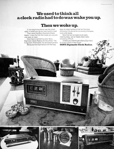 1971 Sony Clock Radio original vintage advertisement. Introducing Sony digimatic clock radio for the office. The living room. The kitchen. For almost anywhere